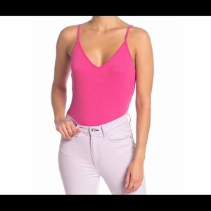 WOMENS LARGE PINK V-NECK RIBBED THONG BODYSUIT